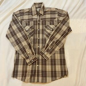 Bit & Bridle Mens Sz S Pearl Snaps Brown Plaid Western Shirt Long Sleeve Pockets